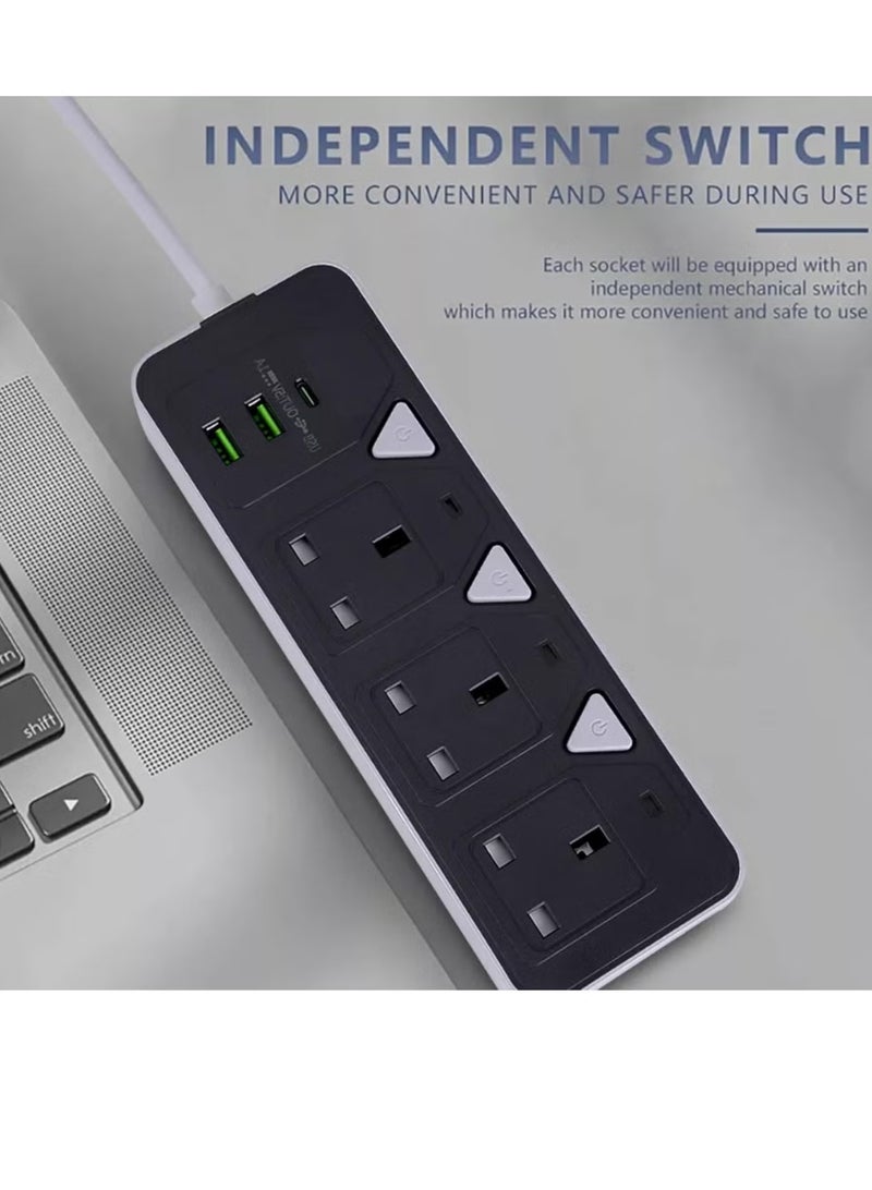 TRADAMIX 6-in-1 Power Extension Cable - 2000W Max Power Adapter with 3 Ports: 2 USB Ports and 1 Type-C PD Port | 3.4A Smart Fast Charging | Durable 5m Extension Cable - Image 3